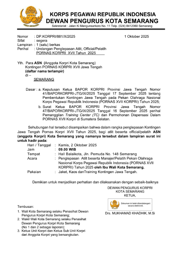 Undangan Penglepasan Atlit, Official/Pelatih PORNAS KORPRI XVII Tahun 2025